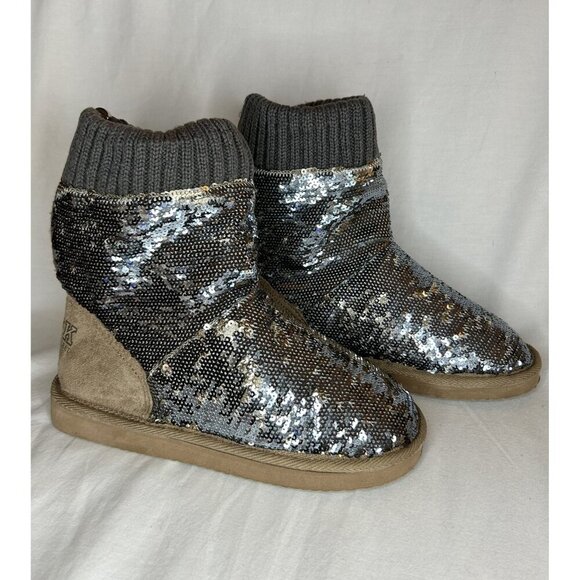 Victoria’s Secret Pink Slipper Boots Womens Size S 5/6 RARE Sequin Knit Faux Fur - Picture 15 of 16